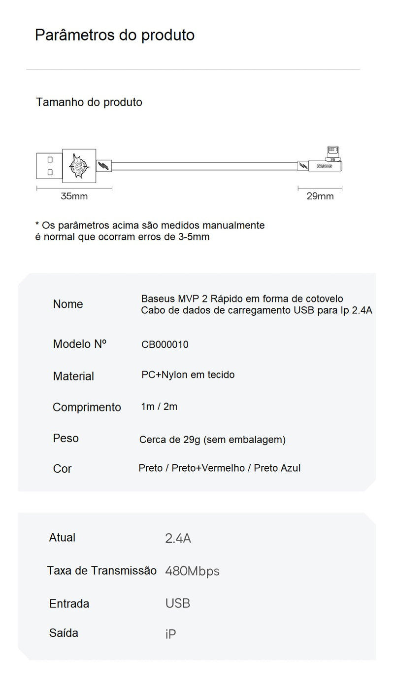 Cabo USB Baseus com cotovelo para Iphone